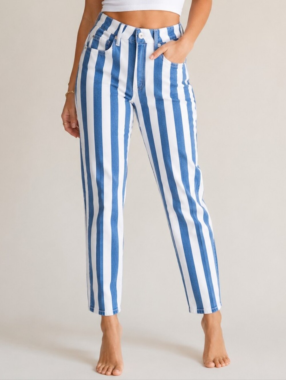 Hollister Mom Jeans Blue White Vertical Stripe Womens 24W 25L Carnival Nautical